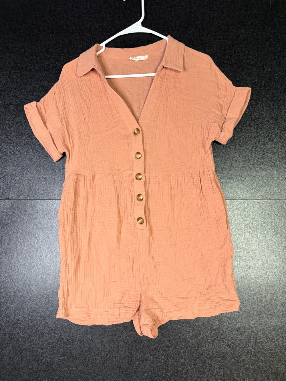 Buckle Cotton “New in” Button-Front Romper in Dusty Peach